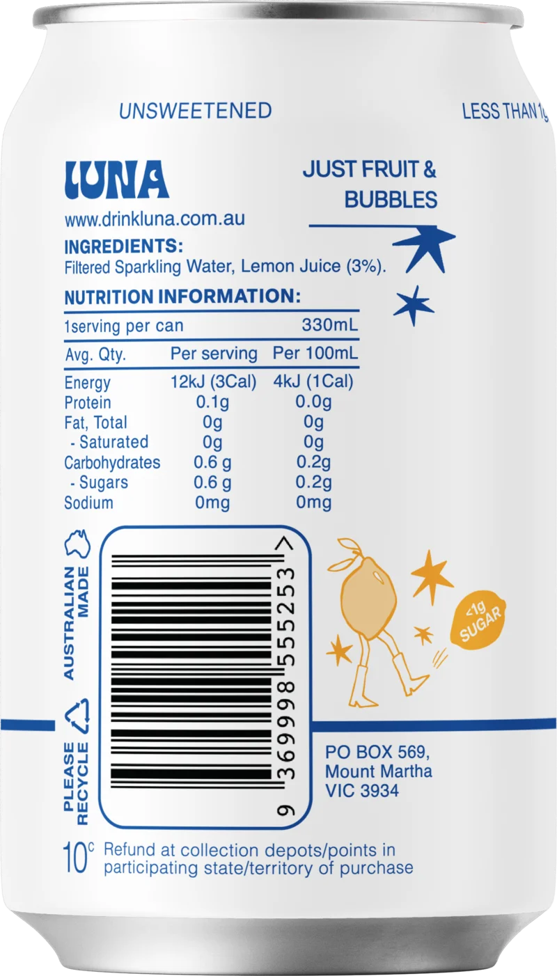 Lemon - Pack of 12 – back of can with ingredients and nutrition information