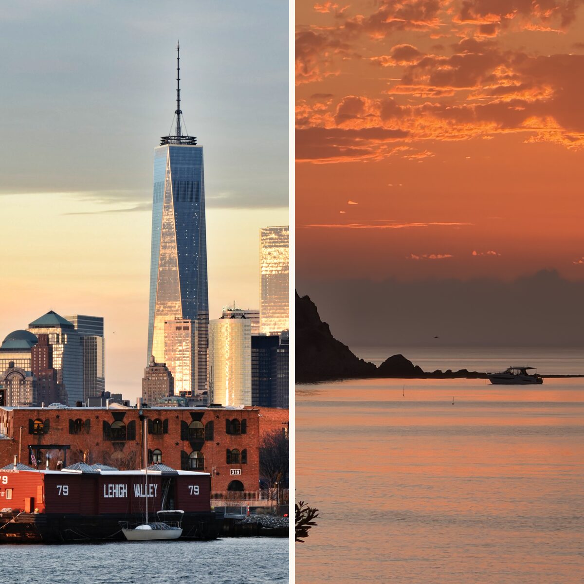 Split photo: the Manhattan skyline seen from Brooklyn, and a sunset over the bay at Mount Martha
